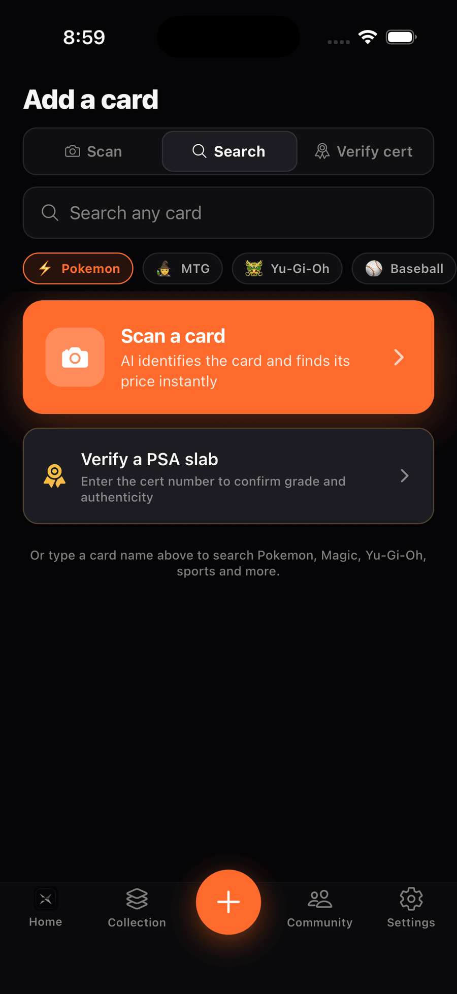 The Add screen with Scan, Search, and Verify modes