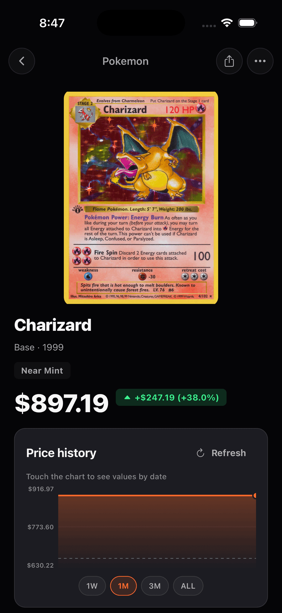 A card detail screen showing market value, price history, and gain or loss