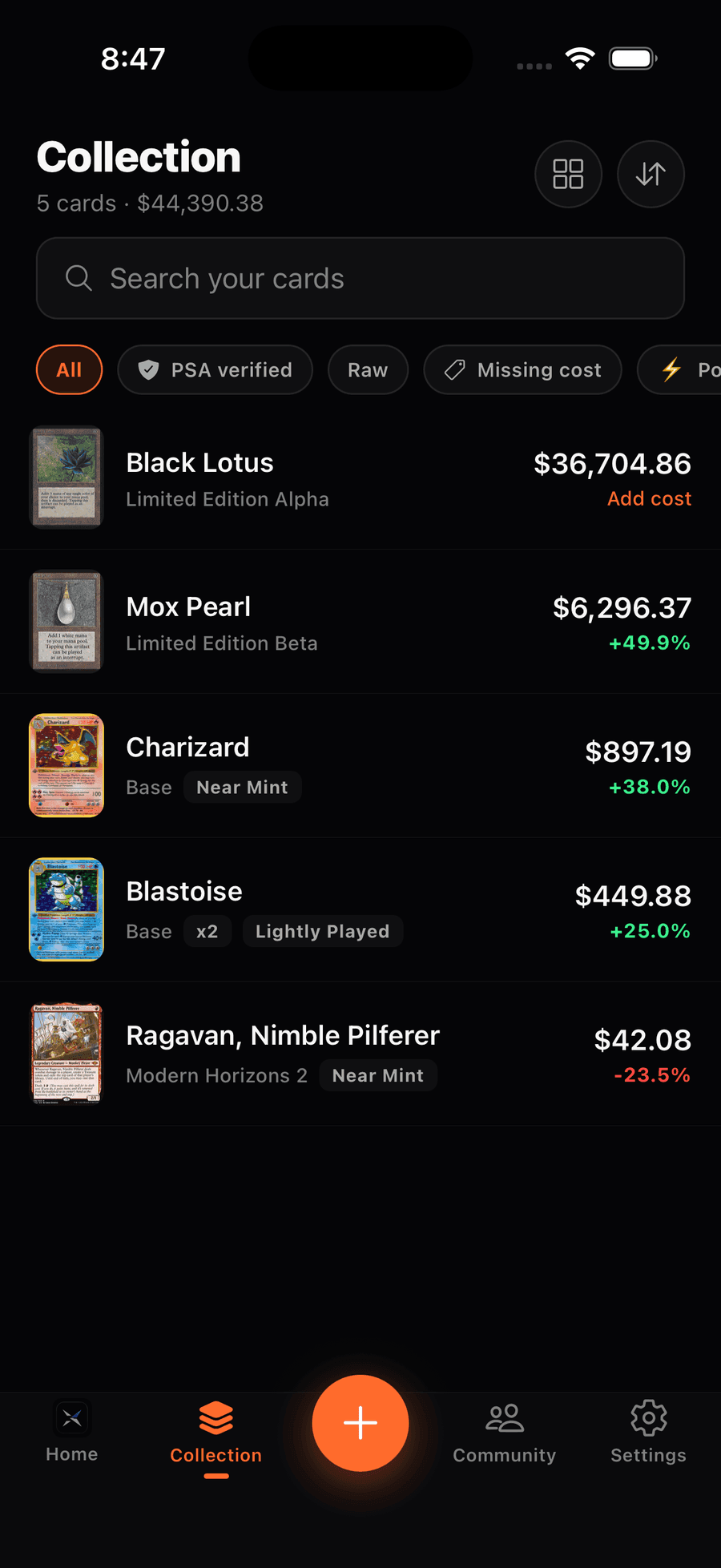 The Collection screen listing cards with current prices and daily changes