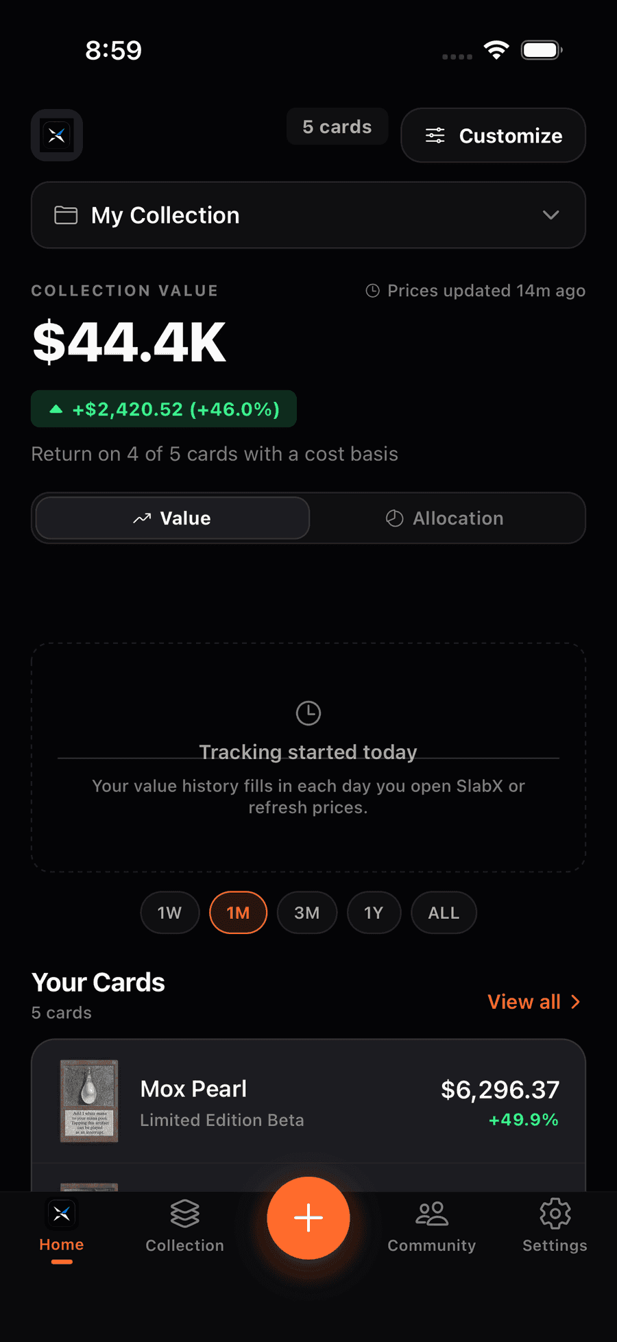 The Home dashboard showing total collection value, return, and top movers