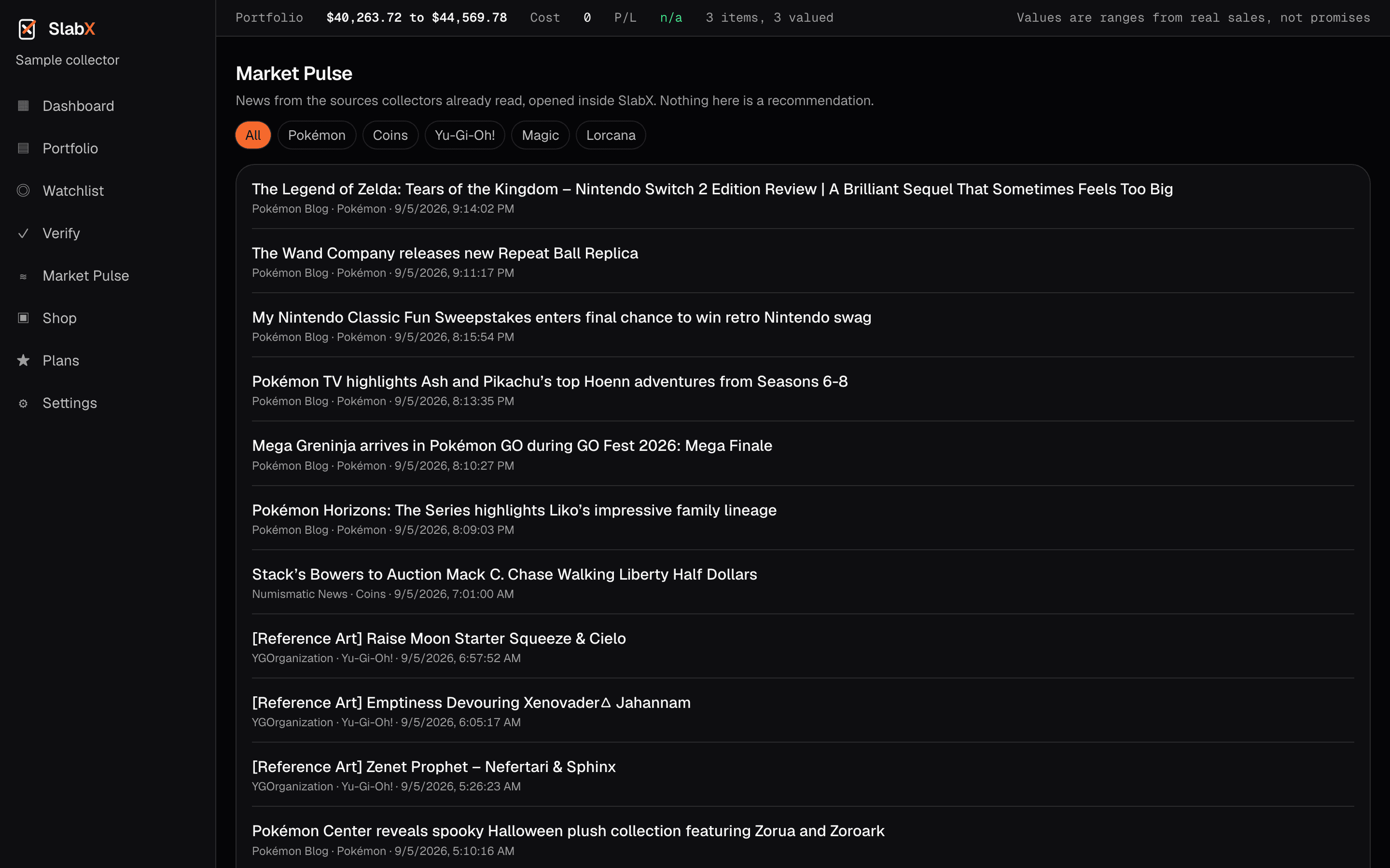 SlabX 网页版 Market Pulse:来自十个来源的收藏资讯,按类别筛选,在平台内直接打开